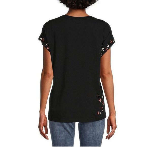 Johnny Was Ceretti Relaxed Tee Special Flower Black Floral Bird Cotton Shirt NEW - Picture 3 of 7